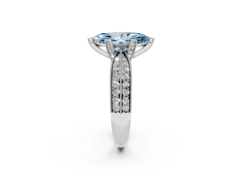 Fancy Blue Marquise Cut Diamond Solitaire Ring Set in White gold with Milgrain Double Row Round Pavé Band