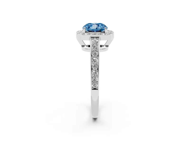 Fancy Blue Cushion Cut Diamond Halo Pavé Engagement Ring Set in Silver with Bezel Setting