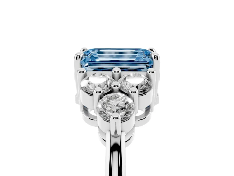 Fancy Blue Emerald Cut Diamond Solitaire Ring Set in Platinum with Cluster Accents on Each Side