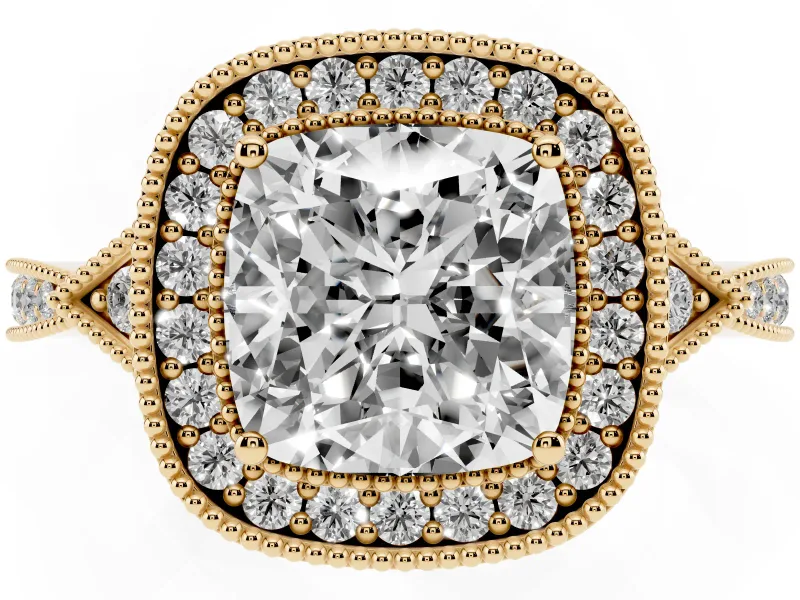 Cushion Cut Vintage Milgrain Halo Engagement Ring Setting | Graduated Pavé Band | Yellow Gold