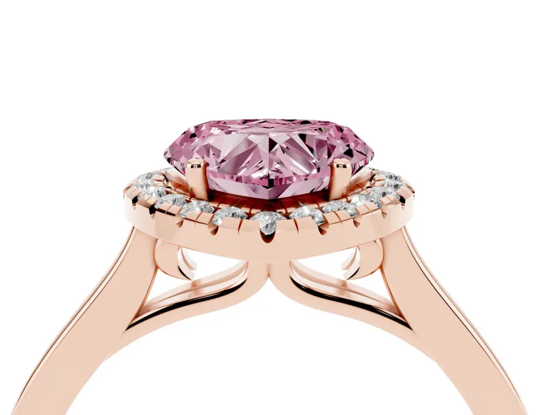 Fancy Pink Heart Cut Halo Round Diamond Solitaire Ring Set in Rose gold with Pavé Band and Prong Setting