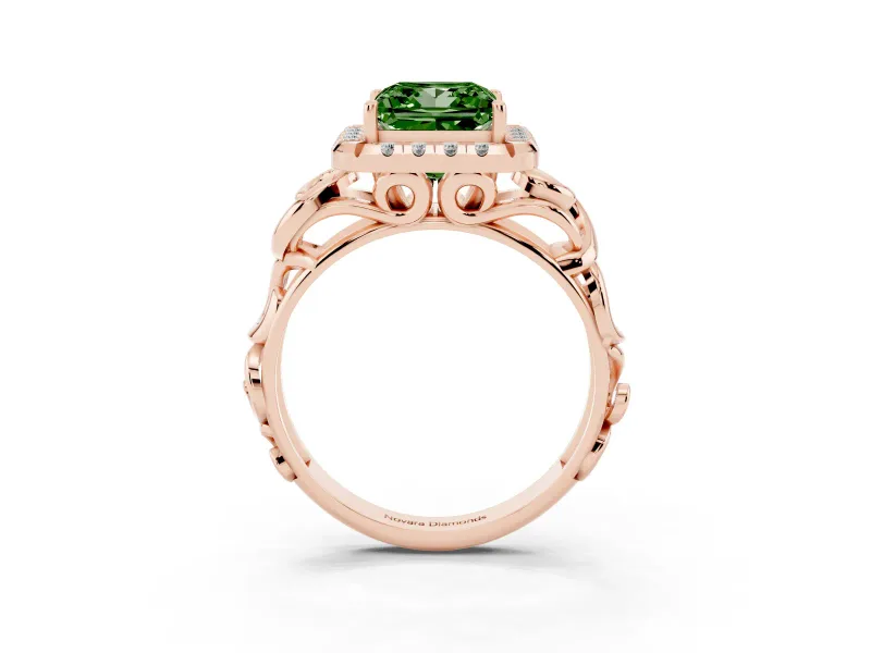 Princess Cut Filigree Halo Engagement Ring Setting for a Fancy Green Lab-Grown Diamond | Rose Gold