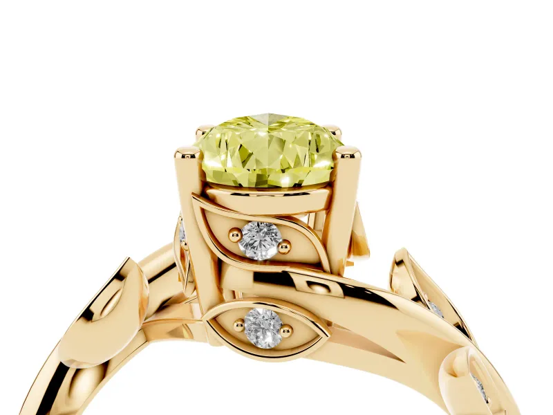Fancy Yellow Pear Cut Diamond Solitaire Twist Engagement Ring Set in Yellow gold with Pavé Leaf Accents