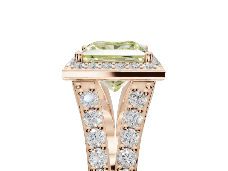 Princess Cut Halo Pavé Engagement Ring Setting for a Fancy Yellow Lab-Grown Diamond | Narrow Split Shank | Rose Gold