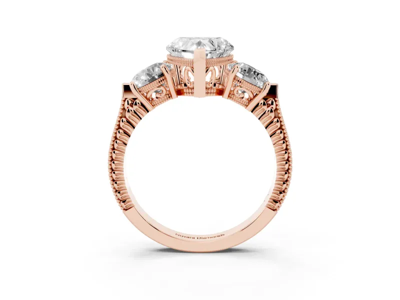 Heart-Shaped Vintage Three Stone Engagement Ring Setting | Milgrain Band | Rose Gold