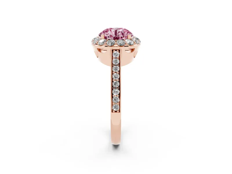 Fancy Pink Round Cut Diamond Floral Halo Ring Set in Rose gold with Pavé Band and Prong Setting
