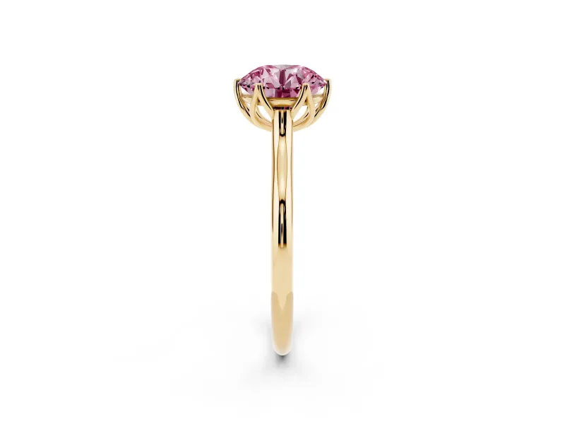 Fancy Pink Round Cut Diamond Solitaire Cathedral Ring Set in Yellow gold with Prong Setting