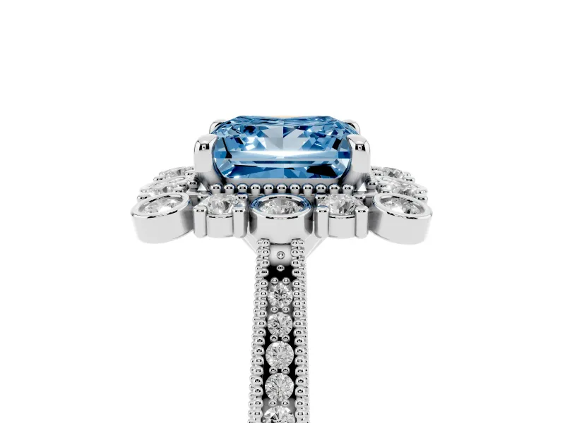 Fancy Blue Princess Cut Diamond Halo Milgrain Pavé Ring Set in Silver with Prong Setting