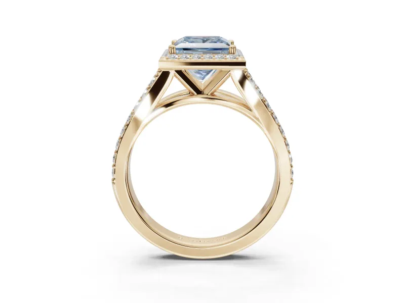 Princess Cut Halo Pavé Engagement Ring Setting for a Fancy Blue Lab-Grown Diamond | Narrow Split Shank | Yellow Gold