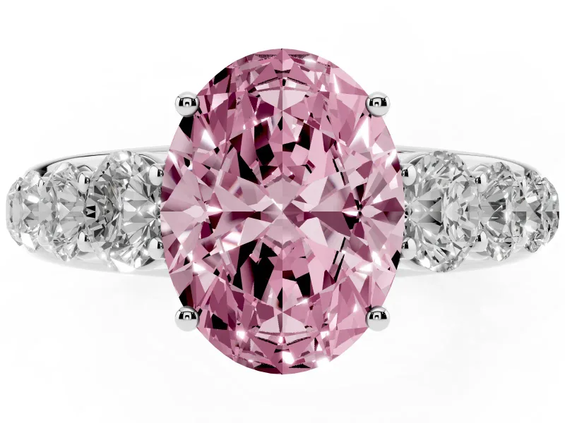 Oval Graduated Side Stone Engagement Ring Setting for a Fancy Pink Lab-Grown Diamond | Flat Top Band | Platinum