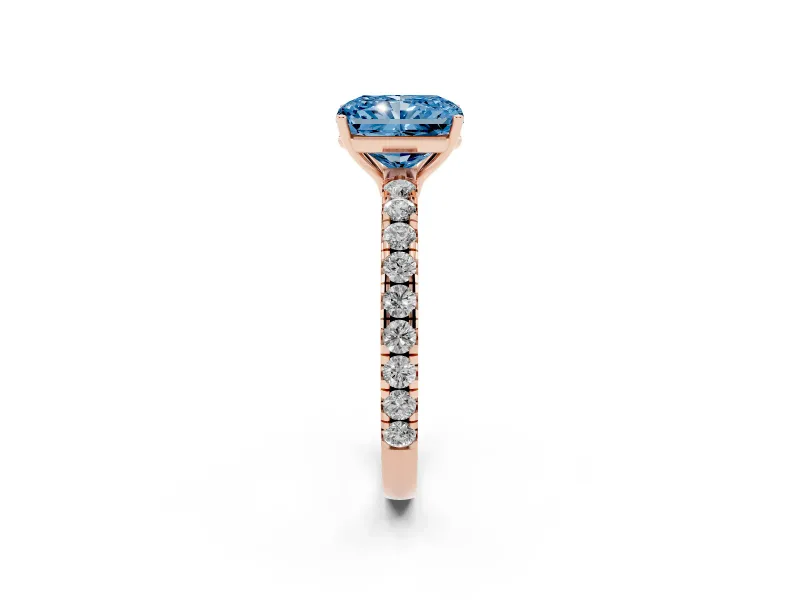 Radiant Cut Pave Solitaire Engagement Ring Setting for a Fancy Blue Lab-Grown Diamond | Shared Prong Band | Rose Gold
