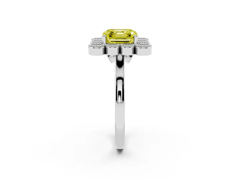 Asscher Cut Milgrain Cluster Halo Engagement Ring Setting for a Fancy Yellow Lab-Grown Diamond | Plain Band | Platinum