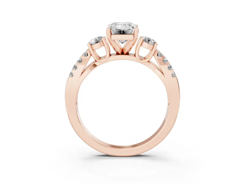 Emerald Cut Diamond Three-Stone Ring Set in Rose gold with Pavé Split Shank and Prong Setting