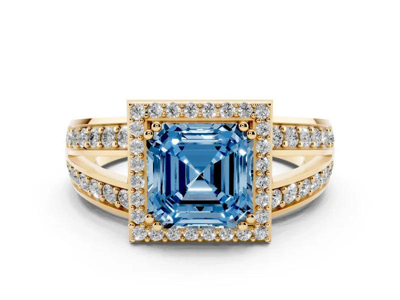 Fancy Blue Asscher Cut Diamond Halo Ring Set in Yellow gold with Double Pavé Split Shank