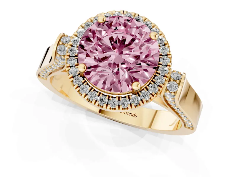 Round Pavé Halo Engagement Ring Setting for a Fancy Pink Lab-Grown Diamond | Yellow Gold