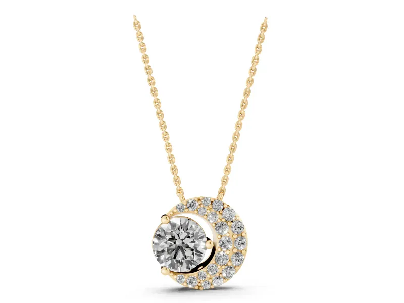 Round Lab-Grown Diamond Crescent Moon Pendant Necklace | Pavé Crescent | Yellow Gold
