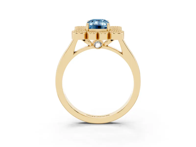 Emerald Cut Milgrain Cluster Halo Engagement Ring Setting for a Fancy Blue Lab-Grown Diamond | Plain Band | Yellow Gold