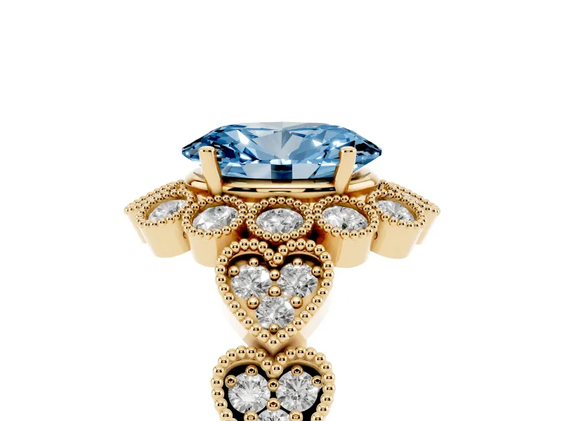 Oval Scalloped Halo Engagement Ring Setting for a Fancy Blue Lab-Grown Diamond | Heart Pavé Band | Yellow Gold