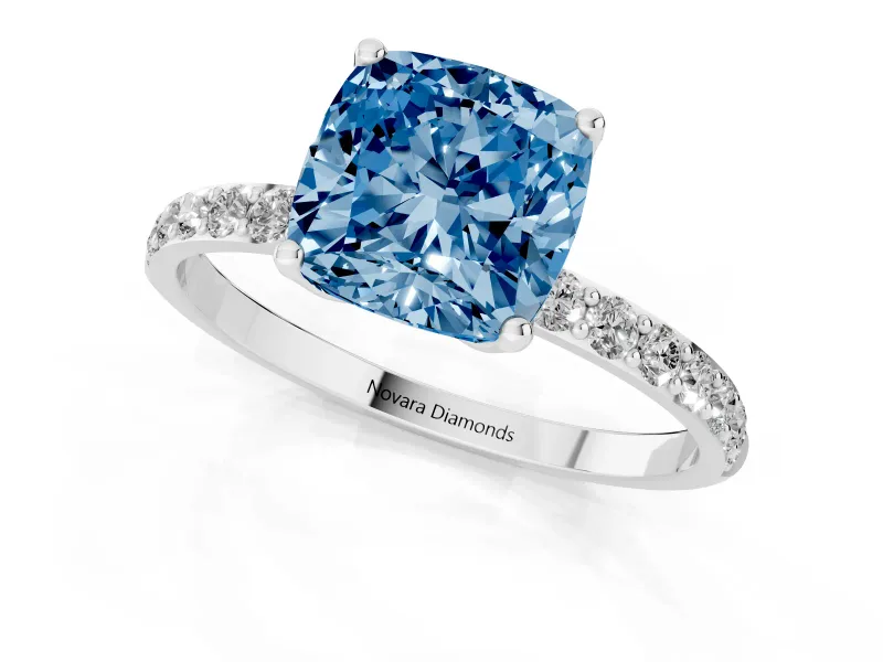 Cushion Cut Pave Solitaire Engagement Ring Setting for a Fancy Blue Lab-Grown Diamond | Slim Band | Sterling Silver