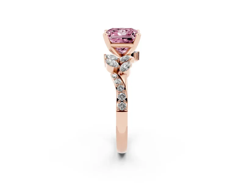 Fancy Pink Princess Cut Diamond Solitaire Ring Set in Rose gold with Marquise Twist Band and Prong Setting