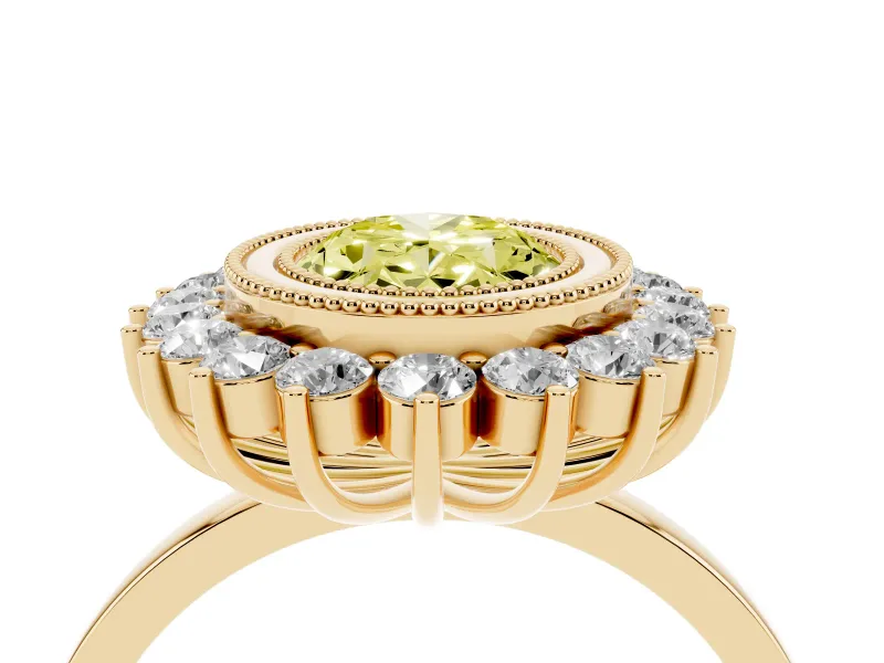 Fancy Yellow Oval Cut Diamond Halo Ring Set in Yellow gold with Milgrain Edge and Round Prong Setting