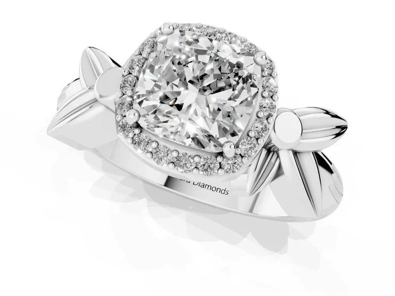 Cushion Cut Floral Halo Engagement Ring Setting | Leaf Shoulders | Platinum