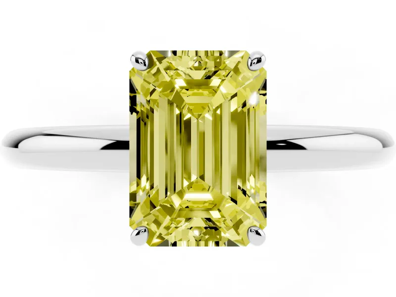Emerald Cut Low Set Solitaire Engagement Ring Setting for a Fancy Yellow Lab-Grown Diamond | Plain Band | White Gold