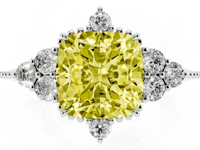 Cushion Cut Cluster Engagement Ring Setting for a Fancy Yellow Lab-Grown Diamond | Beaded Edges | Sterling Silver