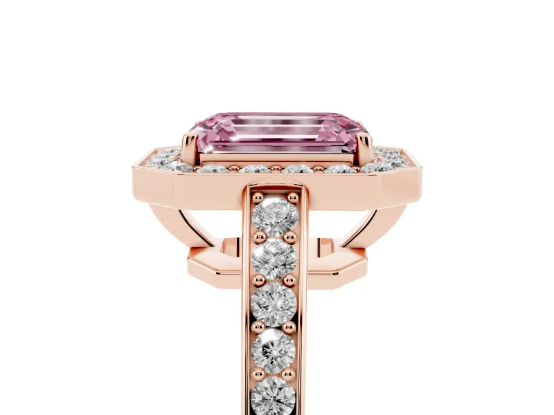 Fancy Pink Emerald Cut Diamond Halo Pavé Engagement Ring Set in Rose gold with Bezel Setting