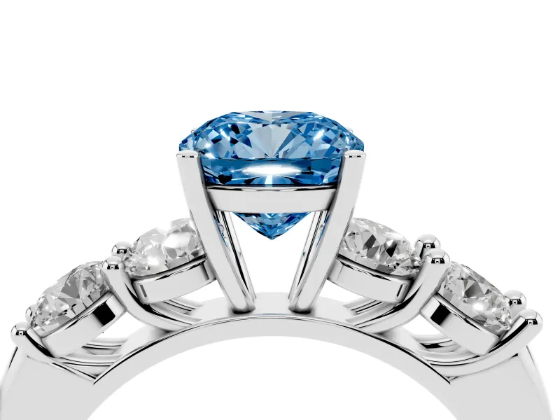 Fancy Blue Cushion Cut Diamond Five-Stone Prong Set Ring Set in White gold with Classic Band