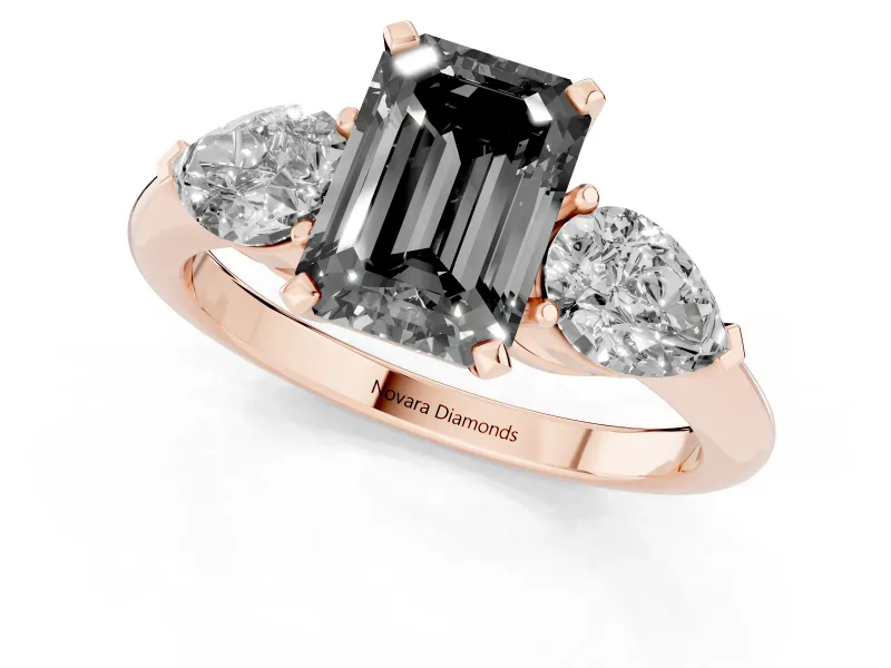 Emerald Cut Three-Stone Engagement Ring Setting for a Black Center | Pear Side Stones | Rose Gold