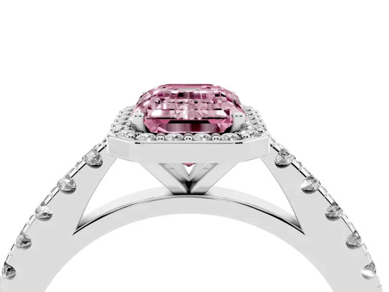 Emerald Cut Halo Pavé Engagement Ring Setting for a Fancy Pink Lab-Grown Diamond | Platinum