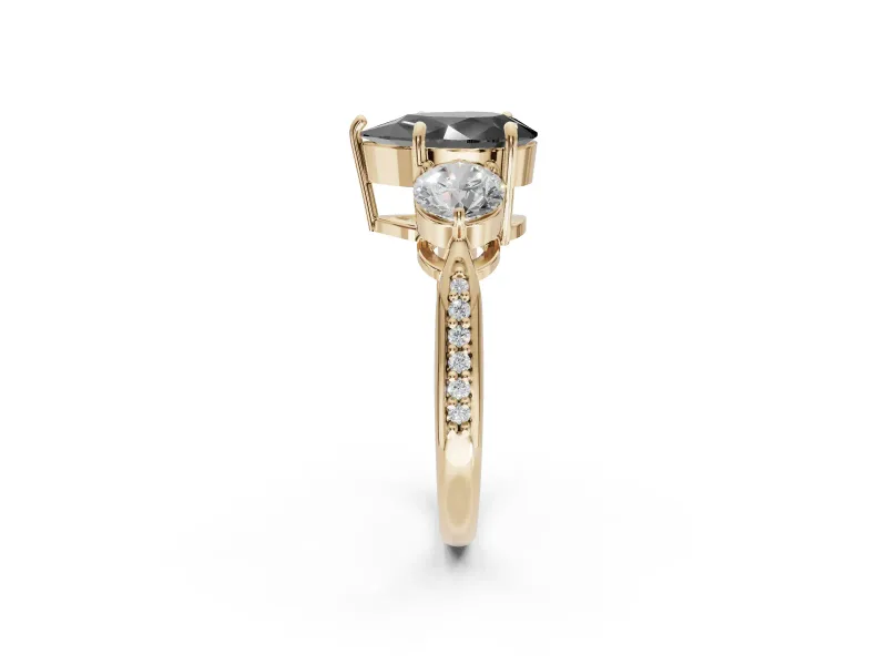 Fancy Black Pear-Shaped Lab-Grown Diamond Three-Stone Ring Set in Yellow Gold with Channel-Set Band and Prong Setting