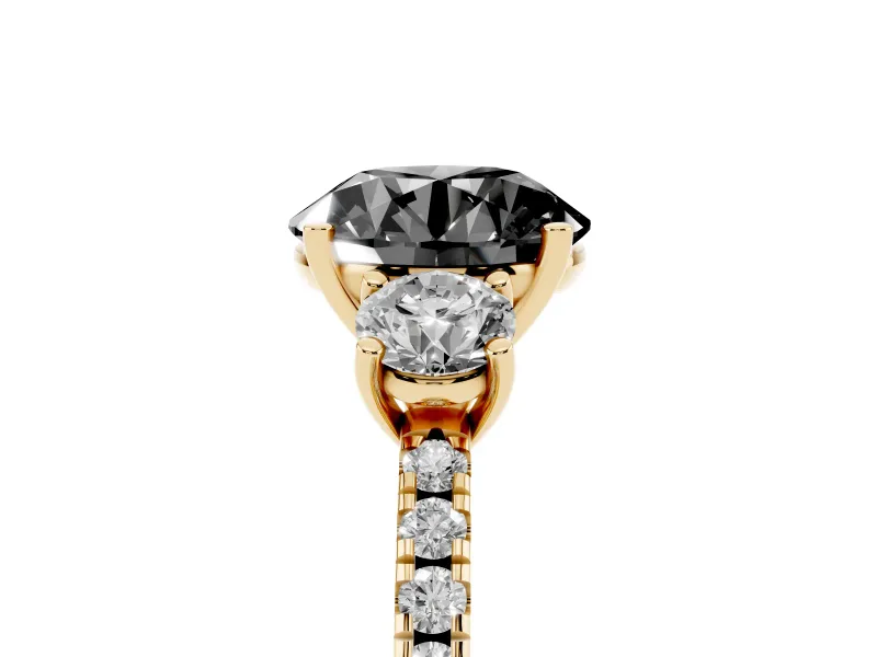 Fancy Black Round Cut Diamond Three-Stone Ring Set in Yellow gold with Pavé Band and Graduated Sides