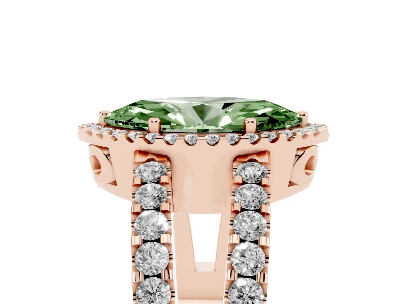 Fancy Green Marquise Cut Diamond Halo Ring Set in Rose gold with Pavé Split Shank and Prong Setting