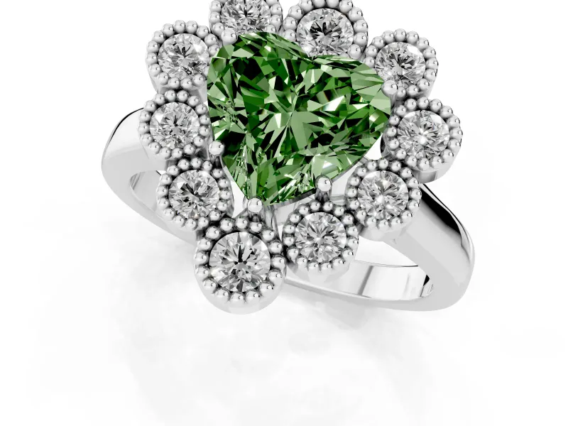 Heart-Shaped Milgrain Cluster Halo Engagement Ring Setting for a Fancy Green Lab-Grown Diamond | Plain Band | White Gold