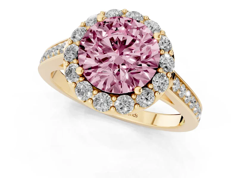 Round Floral Halo Engagement Ring Setting for a Fancy Pink Lab-Grown Diamond | Large Round Accents | Yellow Gold
