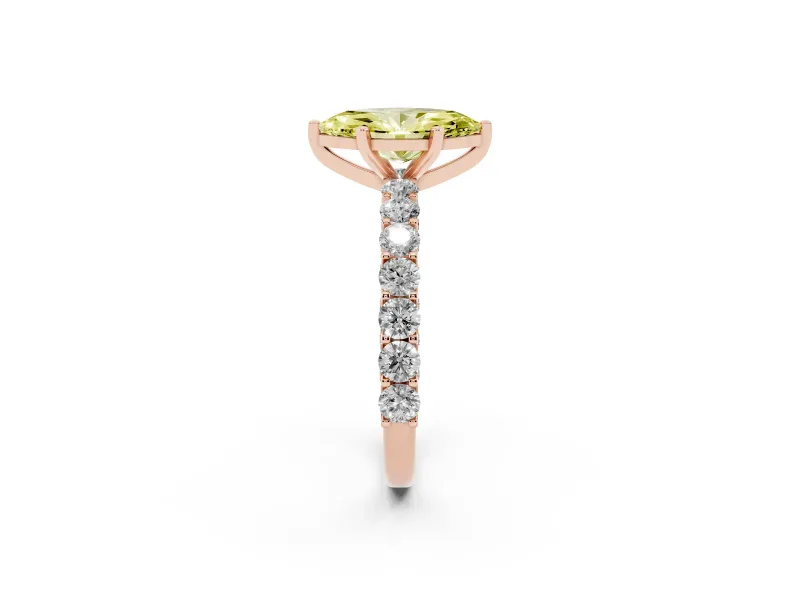 Fancy Yellow Marquise Cut Diamond Solitaire Ring Set in Rose gold with Shared Prong Pavé Band