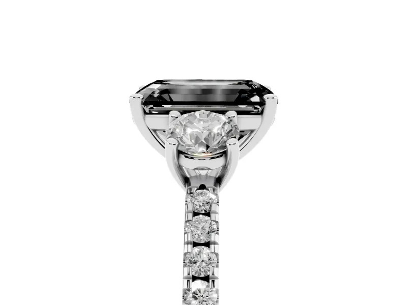 Emerald Cut Three Stone Engagement Ring Setting for a Black Center | Pavé Shoulders | Platinum