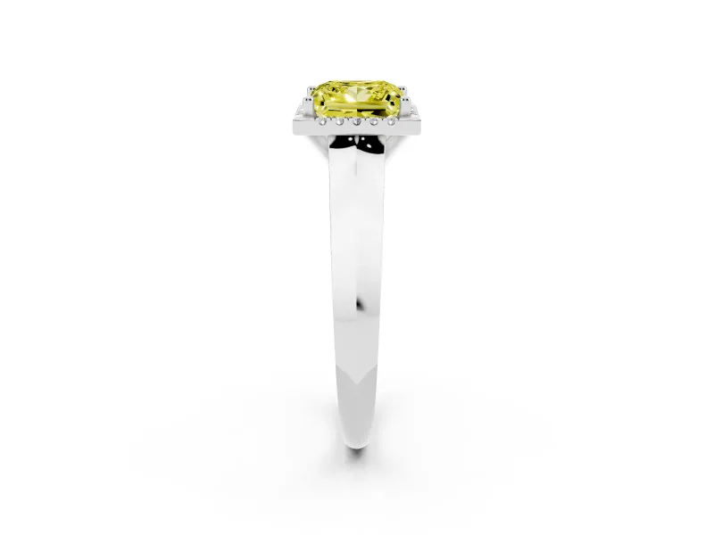 Fancy Yellow Princess Cut Diamond Halo Ring Set in White gold with Cathedral Band and Prong Setting