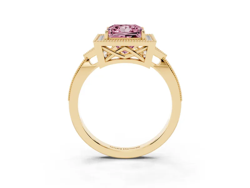 Fancy Pink Princess Cut Diamond Halo Engagement Ring Set in Yellow gold with Milgrain Pavé Band
