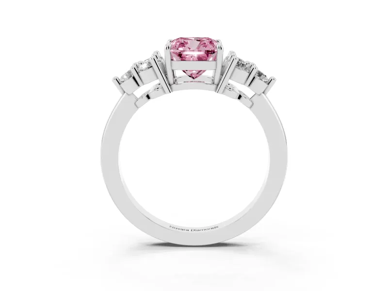 Fancy Pink Cushion Cut Diamond Solitaire Ring Set in Silver with Cluster Accents on Each Side
