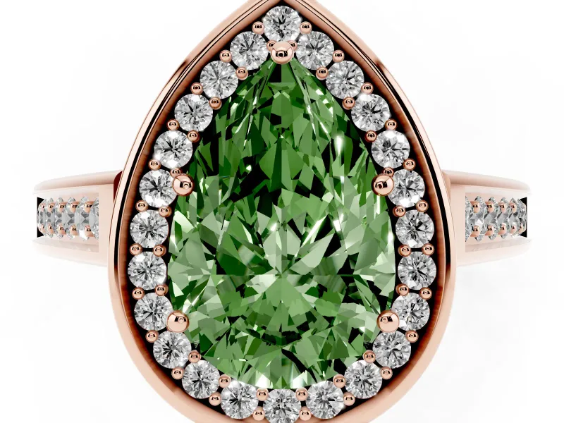 Fancy Green Pear Cut Diamond Halo Solitaire Ring Set in Rose gold with Pavé Band and Bezel Setting