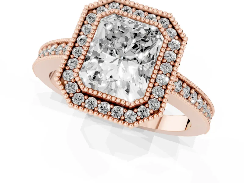 Radiant Cut Diamond Halo Engagement Ring Set in Rose gold with Pavé Band and Round Halo Stones