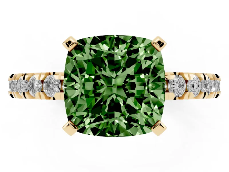 Fancy Green Cushion Cut Diamond Pavé Band Solitaire Set in Yellow gold with Prong Setting
