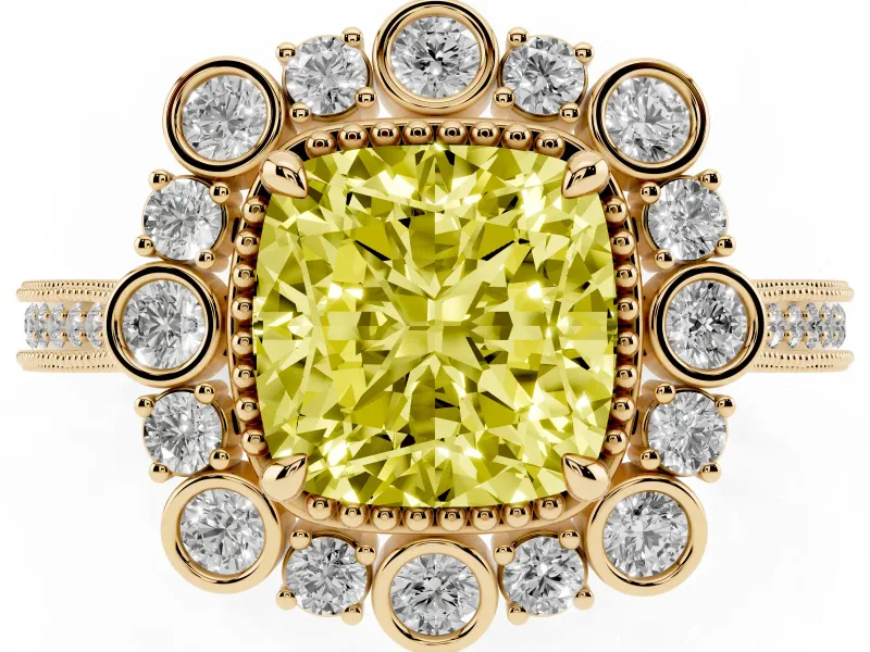 Fancy Yellow Cushion Cut Diamond Halo Milgrain Pavé Ring Set in Yellow gold with Prong Setting