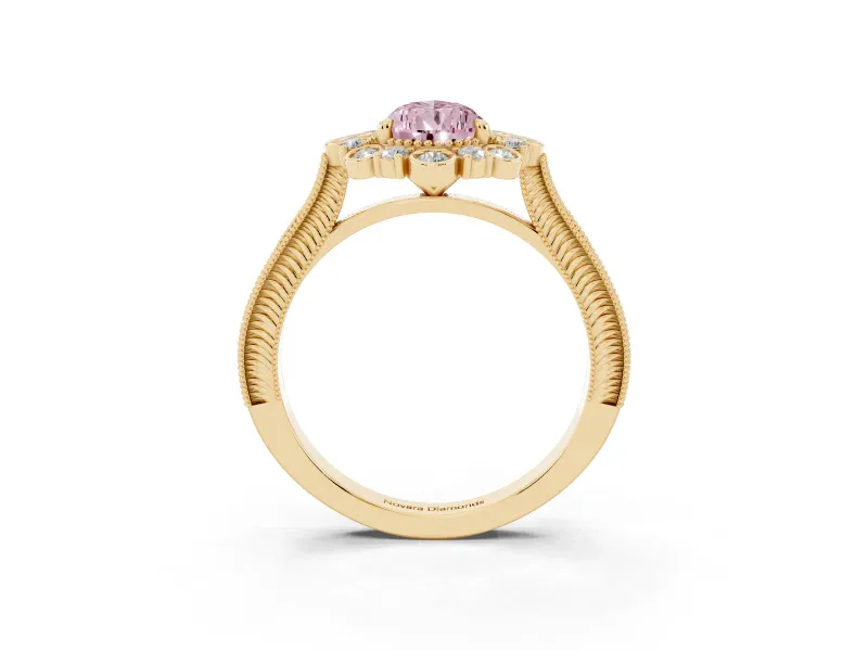 Fancy Pink Pear Cut Diamond Halo Milgrain Pavé Ring Set in Yellow gold with Prong Setting