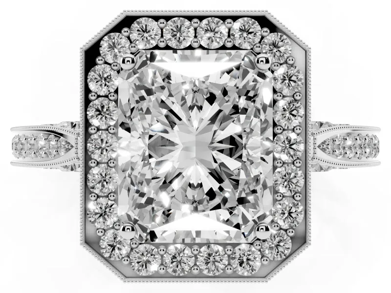 Radiant Cut Vintage Milgrain Halo Engagement Ring Setting | Side Stones and Pave | Sterling Silver