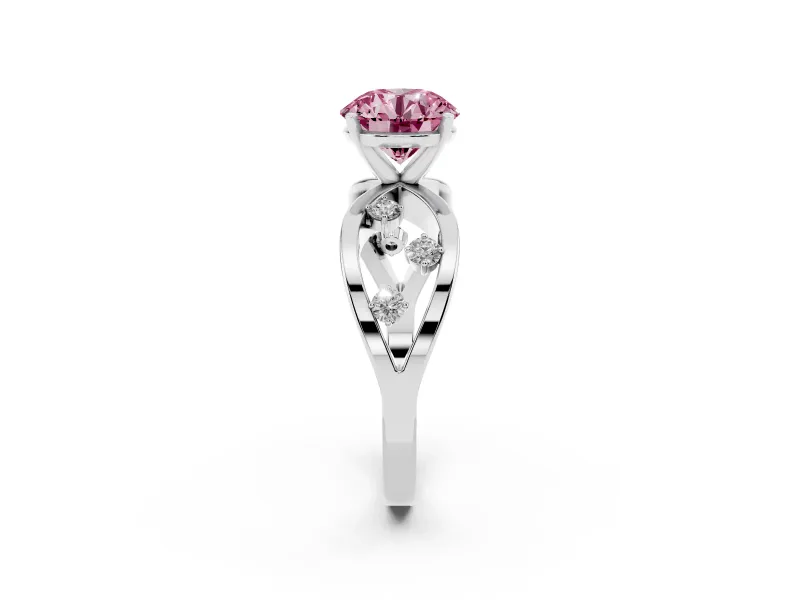 Fancy Pink Round Cut Diamond Solitaire Ring Set in Platinum with Side Stones on Criss-Cross Band and Prong Setting