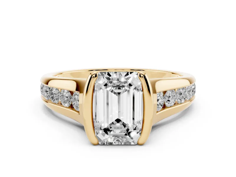 Emerald Cut Diamond Bezel-Set Solitaire Ring Set in Yellow gold with Channel-Set Band